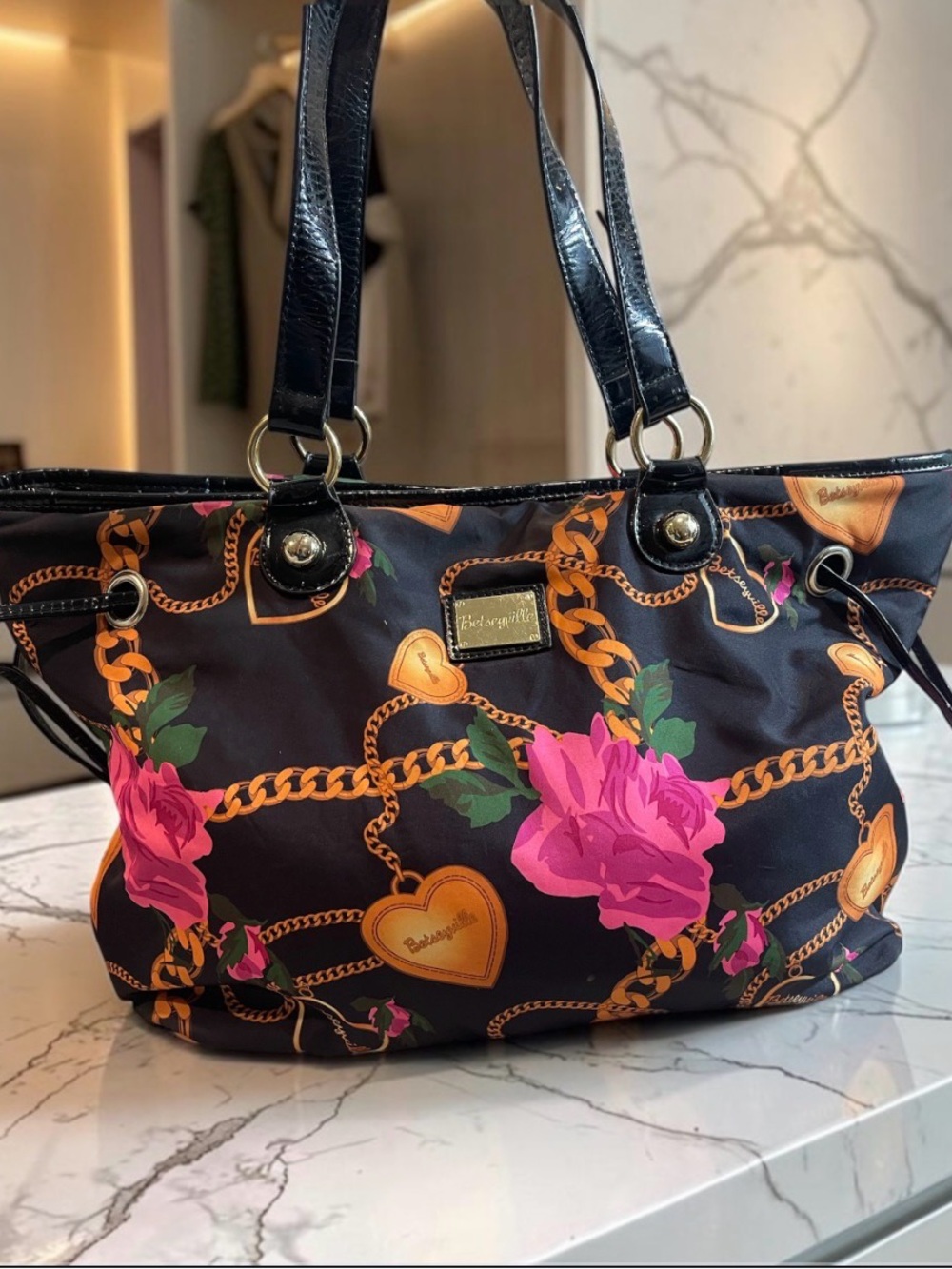 Betsey Johnson Black Tote with Pink Floral & Gold Chain Print